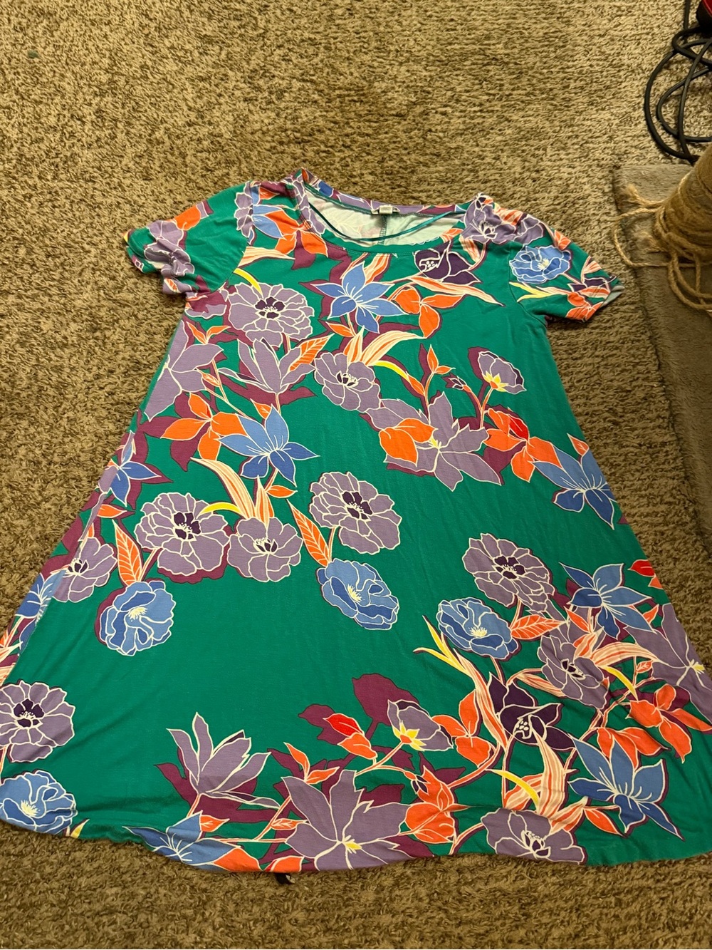 Spense Teal Floral Swing Dress with Purple & Orange Accents
